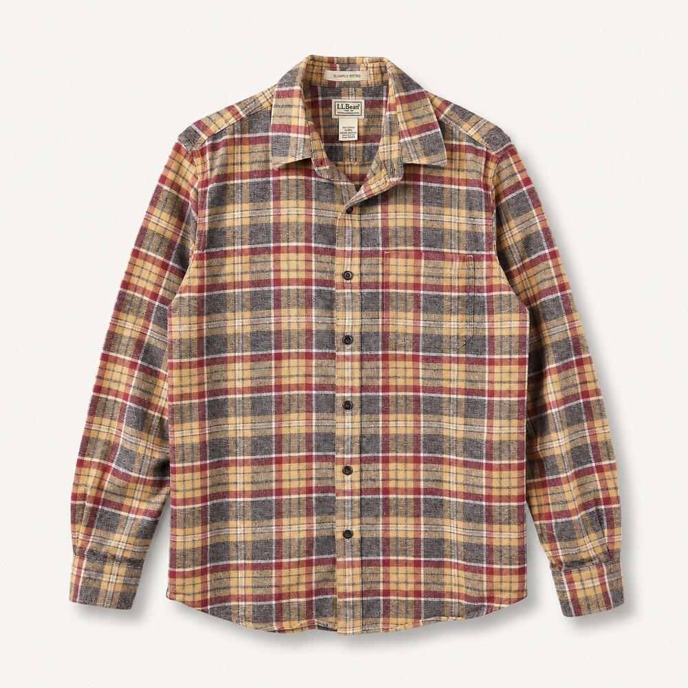 LL Bean Mens Plaid Flannel Shirt Slightly Fitted Tan Red Gray M-REG 500225